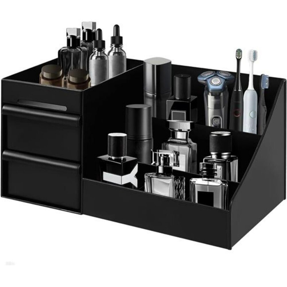 Mens bathroom organizer with drawers cologne perfume storage shelf vanity counte
